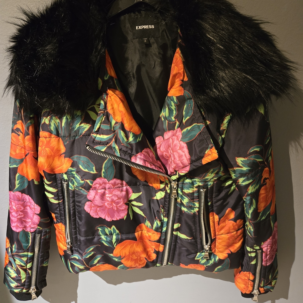 Express Floral Women's Jacket with Black Fur Collar